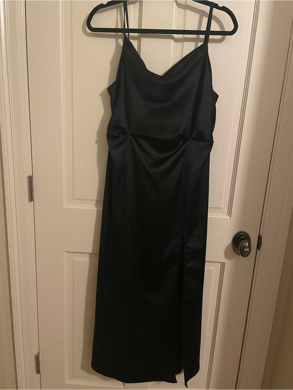 Black Satin Cowl-Neck Midi Dress with Slim Silhouette